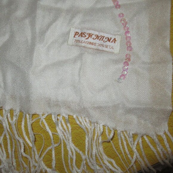 Pashmina Cashmere Silk Blend Wrap Ivory with Sequins Detail - Picture 1 of 7